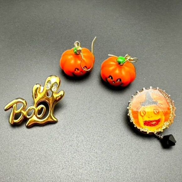 Fun Festive Halloween Pumpkin Boo Ghost Earrings & Pin set bundle lot - Picture 2 of 7